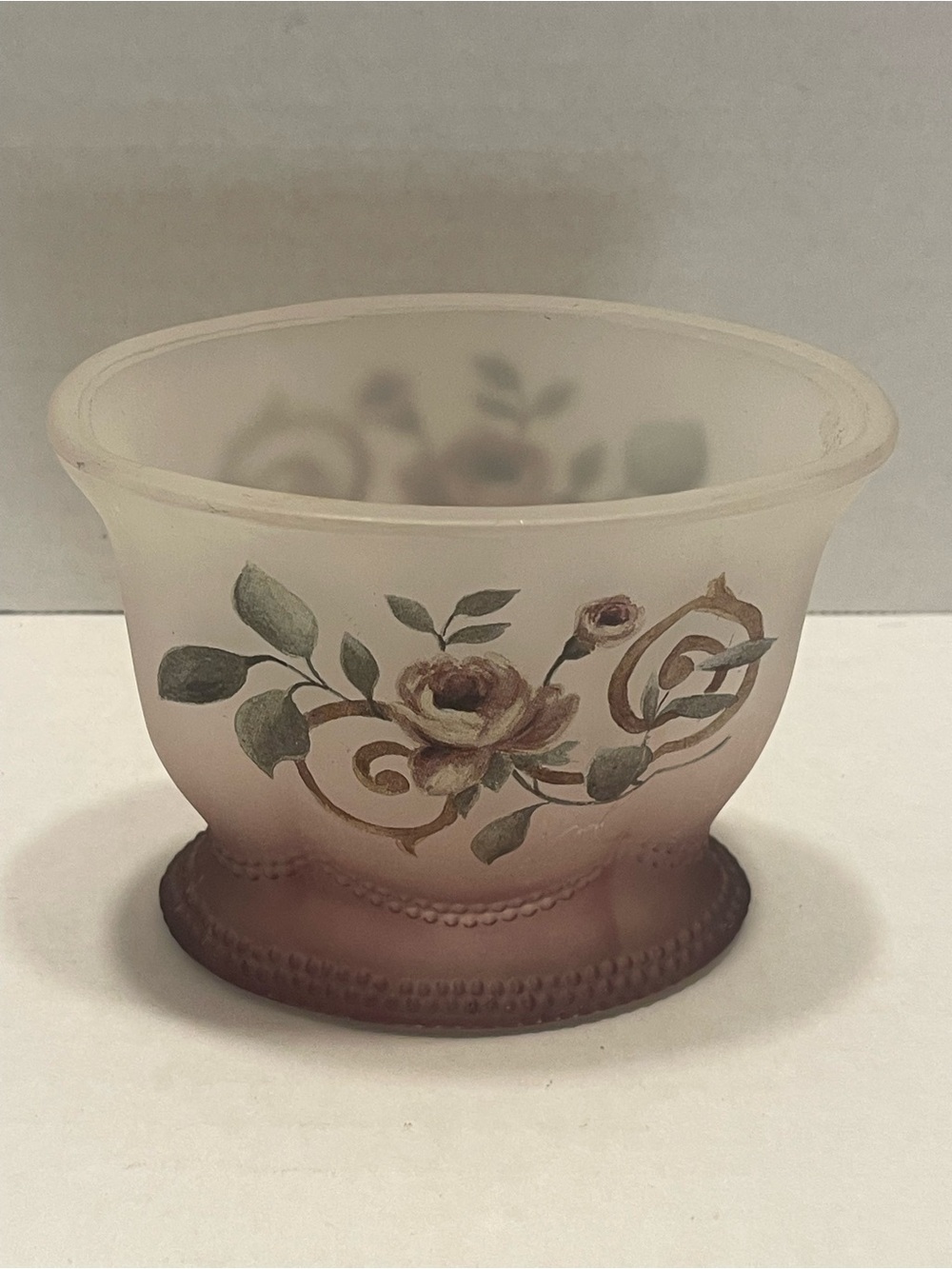 Vintage Frosted Glass Floral vase Holder - Pink Rose Motif 4”tall 2” dia